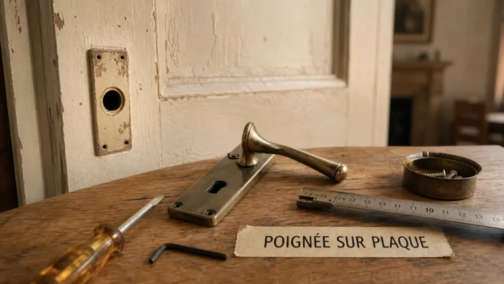 Changer poignée de porte sans repercer : entraxe et carré, poignée démontée sur table