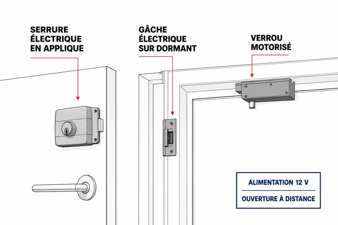 Comparatif serrure electrique, gâche électrique et verrou motorisé avec schéma de fonctionnement
