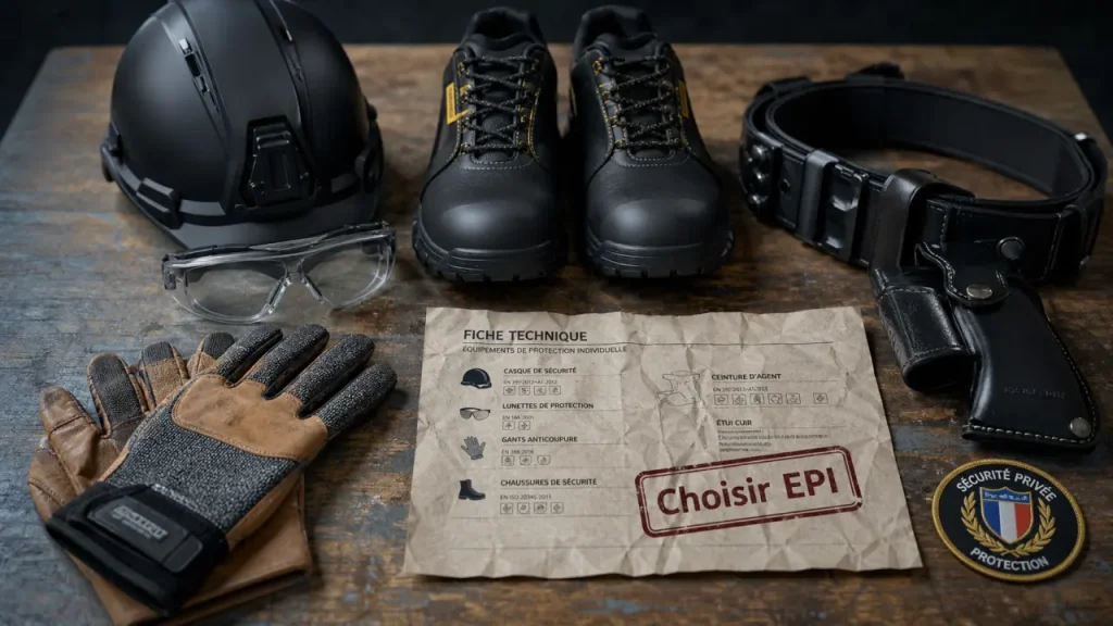 Équipements de sécurité : casque, lunettes, gants et ceinture d’agent pour missions sensibles