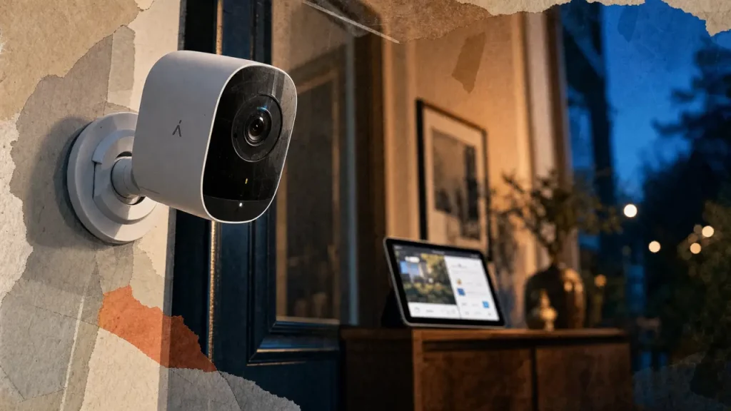 Installation camera : caméra Wi‑Fi près de l’entrée, vue live sur tablette