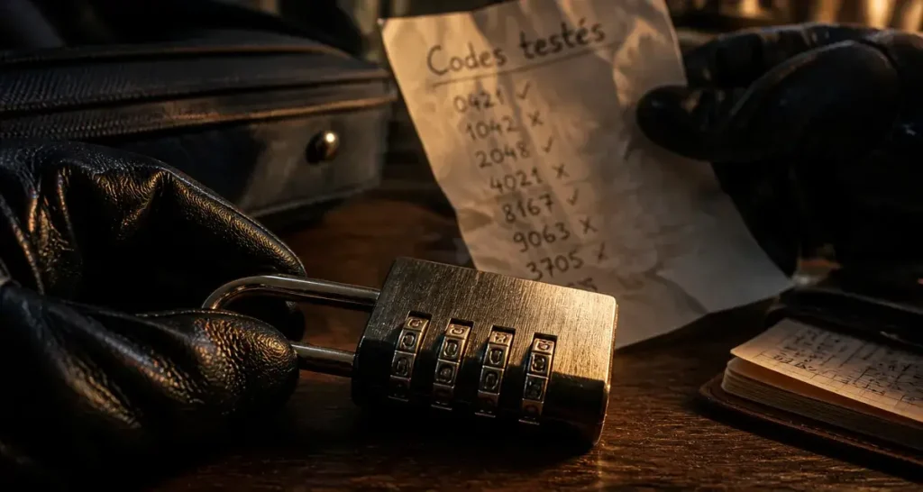 Ouvrir cadenas code : gros plan sur cadenas à code à 4 molettes, table bois sombre