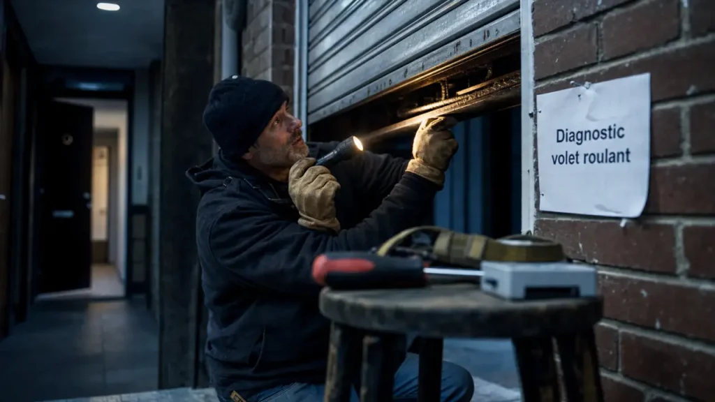 Réparation volet roulant autour de moi : réparateur inspecte le volet