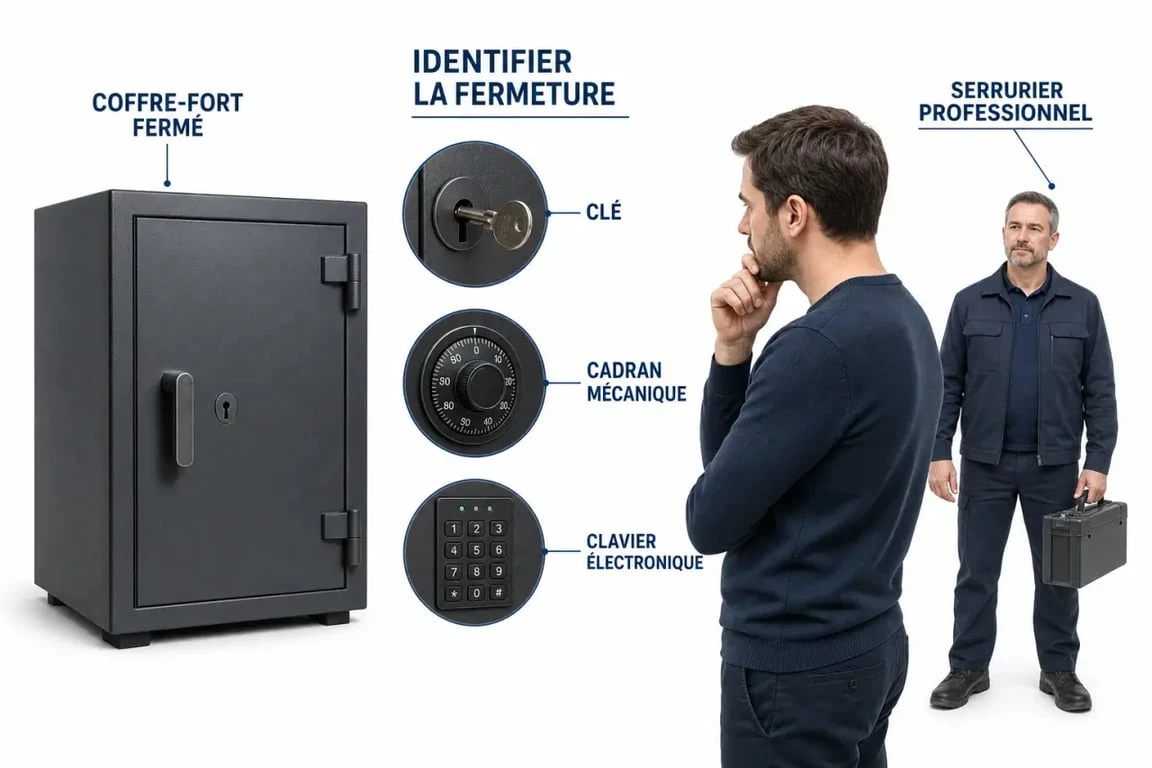 Ouvrir un coffre fort : illustration d'un diagnostic avant intervention avec clé, code mécanique et clavier électronique