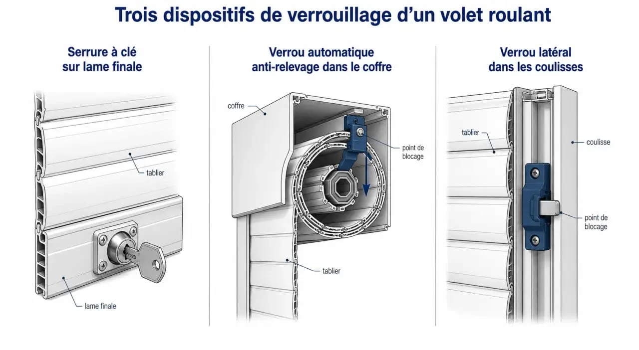 Serrure volet roulant illustrée avec serrure à clé, verrou automatique anti-relevage et verrou latéral