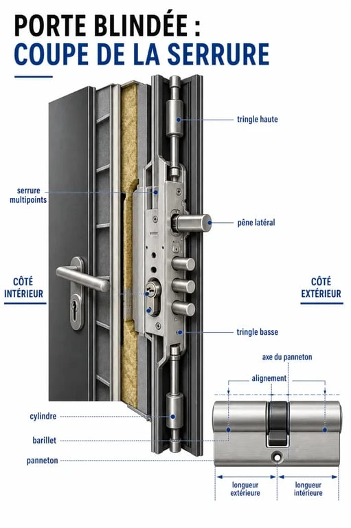 Schéma de barillet porte blindée montrant cylindre, panneton et serrure multipoints