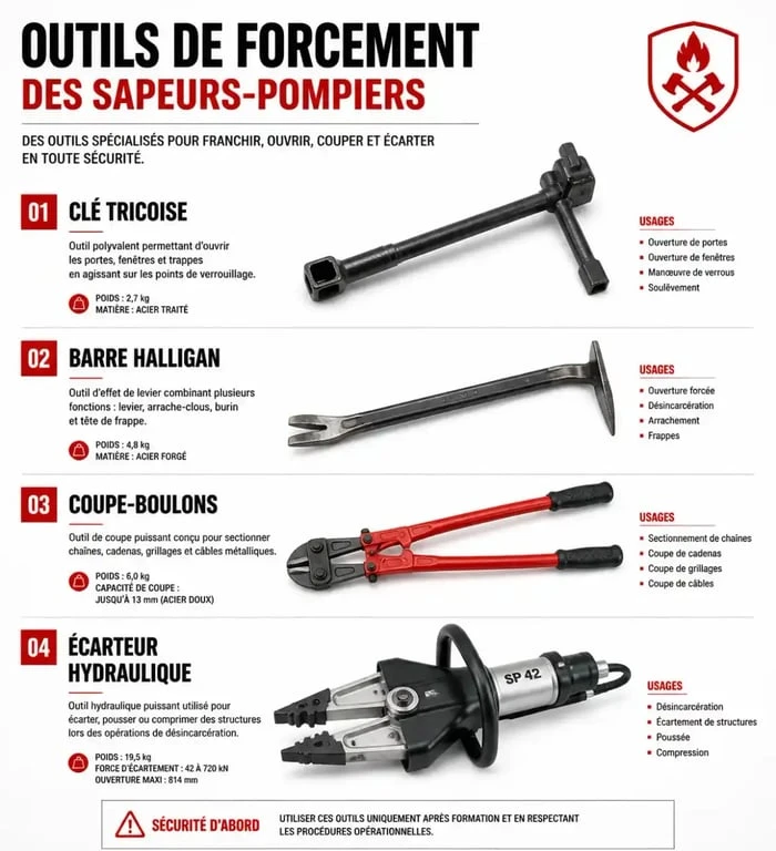 Outils d'ouverture de porte pompier : clé tricoise et barre Halligan