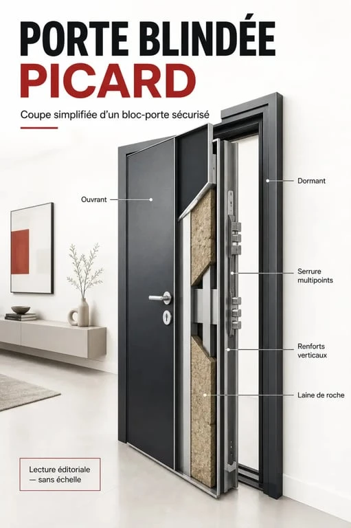 Porte blindée Picard en coupe éditoriale montrant ouvrant, dormant, serrure multipoints et isolation