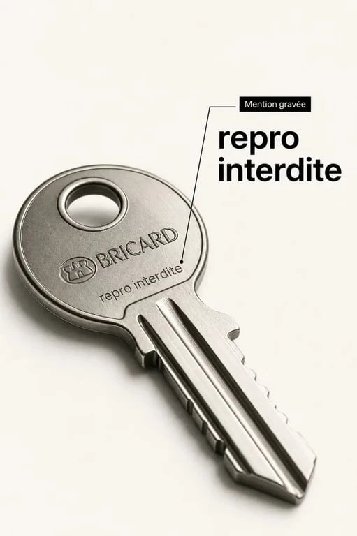 Gros plan de clé bricard avec mention repro interdite