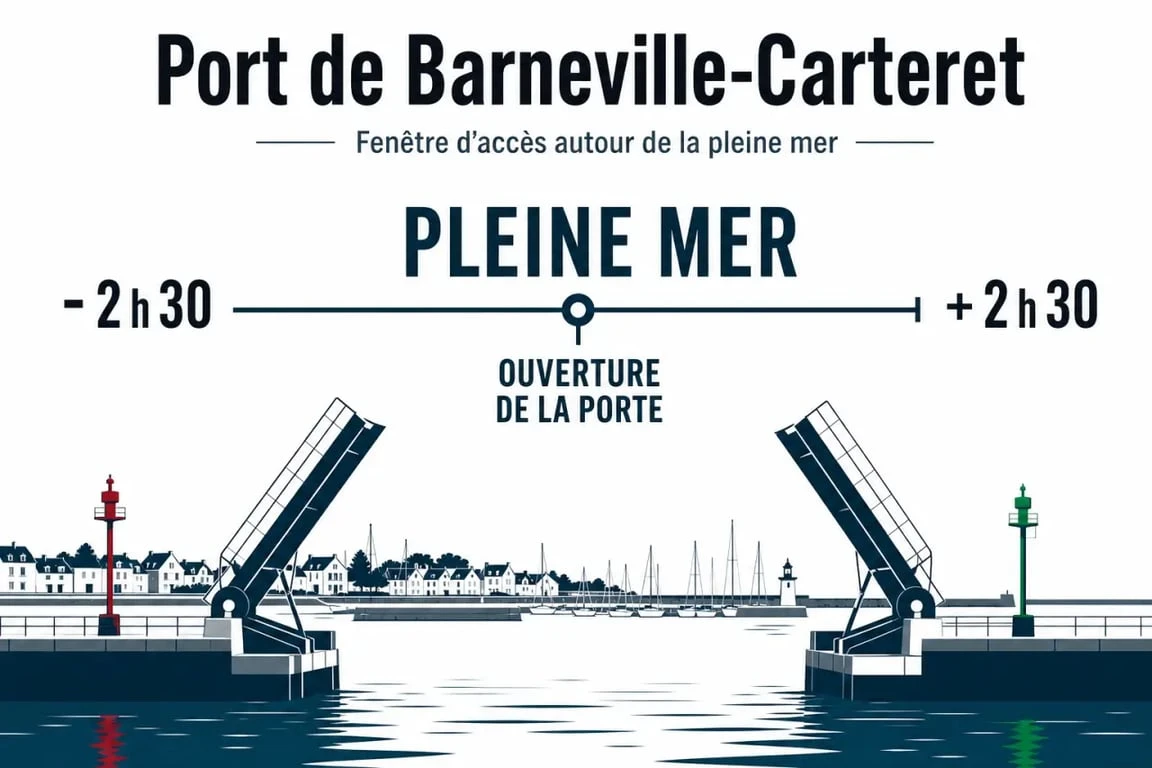 Ouverture porte carteret 2025 : schéma éditorial des horaires autour de la pleine mer au port de Barneville-Carteret