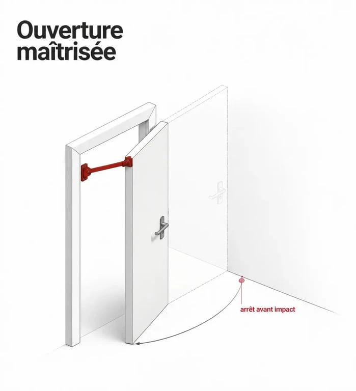 Limiteur ouverture porte : schéma d’un dispositif qui bloque l’ouverture avant que la porte ne touche le mur