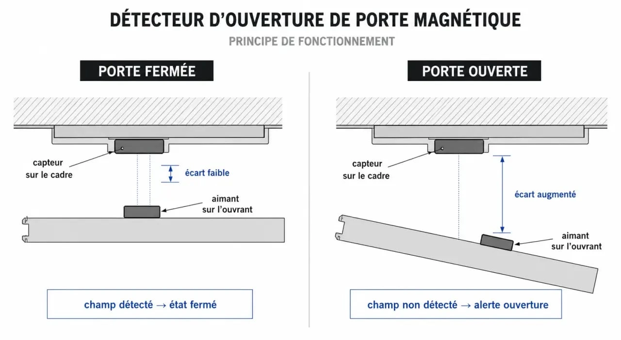 Détecteur ouverture de porte magnétique sur porte et cadre, schéma explicatif du contact et de l’aimant