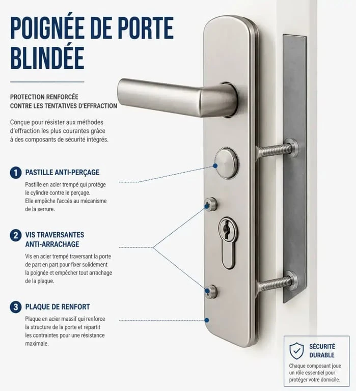 Schéma explicatif des mécanismes de sécurité d'une poignée de porte blindée