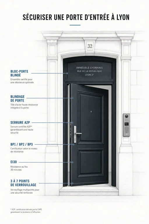 Porte blindée lyon : illustration d’une entrée sécurisée avec repères sur le bloc-porte, le blindage de porte et les certifications