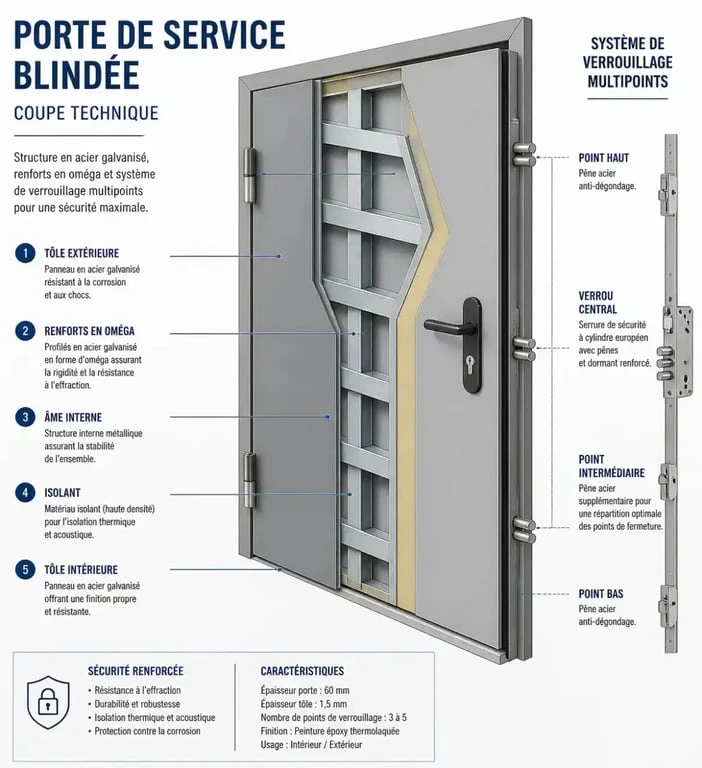 Schéma technique d'une porte de service blindée pour sécuriser les accès secondaires
