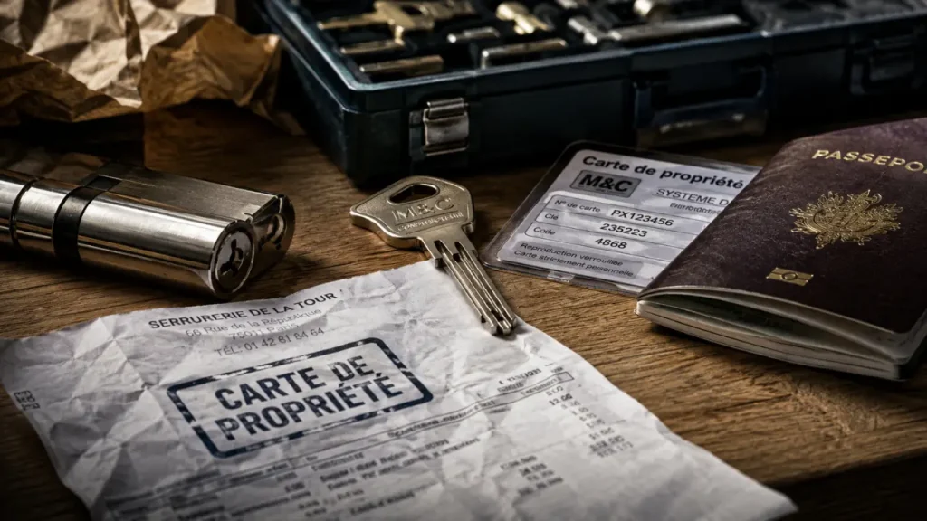 Clé porte blindée sur établi, carte de propriété et documents