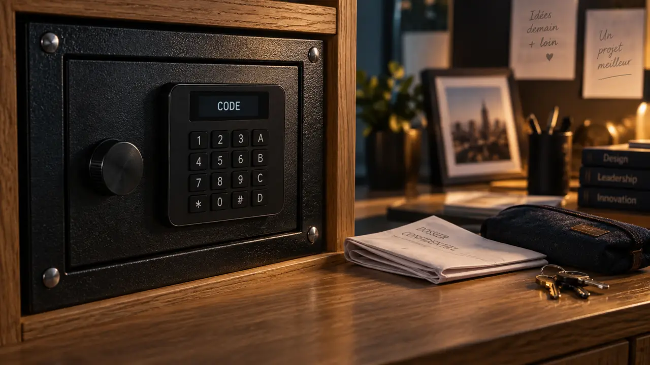Coffre fort a code fixé dans un meuble, documents et clés visibles