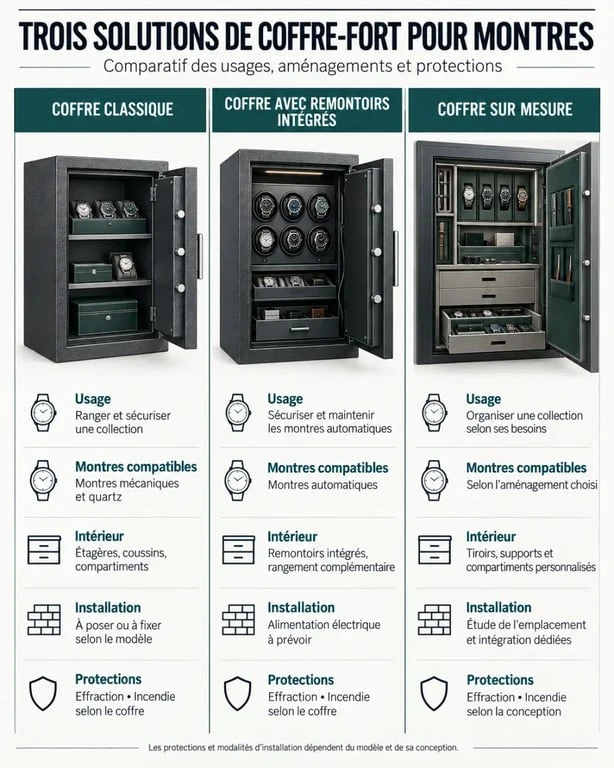 Infographie comparative des solutions de coffre fort montre classique, avec remontoirs ou sur mesure