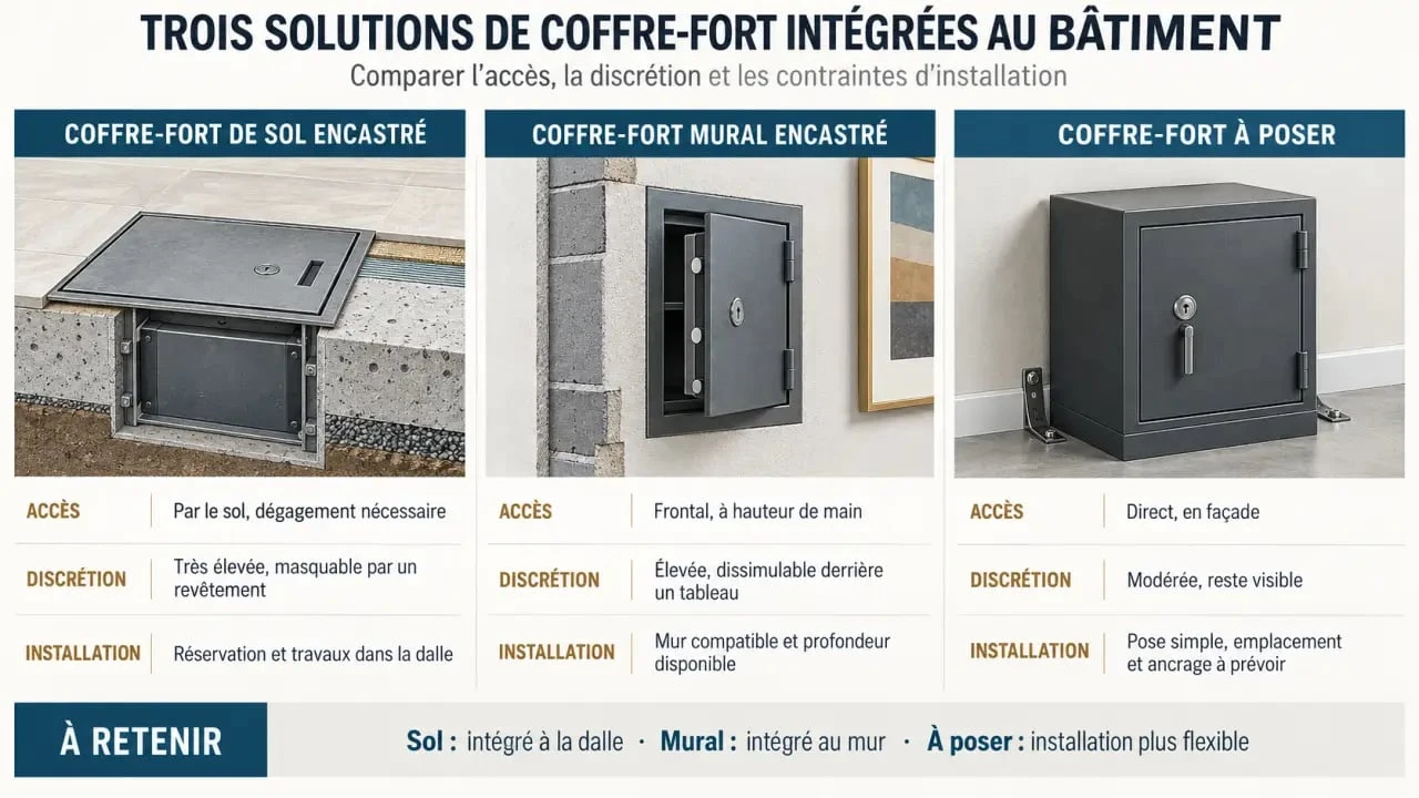 Infographie comparative d’un coffre fort sol, d’un coffre-fort mural et d’un coffre-fort à poser