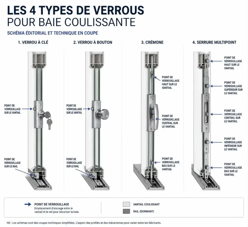 Schéma comparatif des types de verrou baie coulissante à clé, à bouton, crémone et multipoint