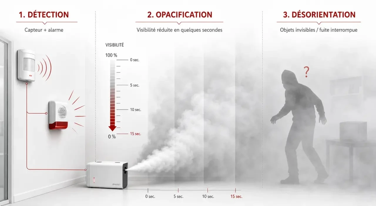 Schéma du brouillard anti cambriolage dans une pièce avec déclenchement et opacification rapide
