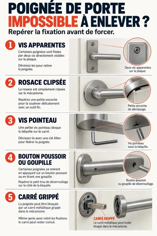 Poignée de porte impossible à enlever : rosace, vis pointeau, bouton poussoir et carré grippé