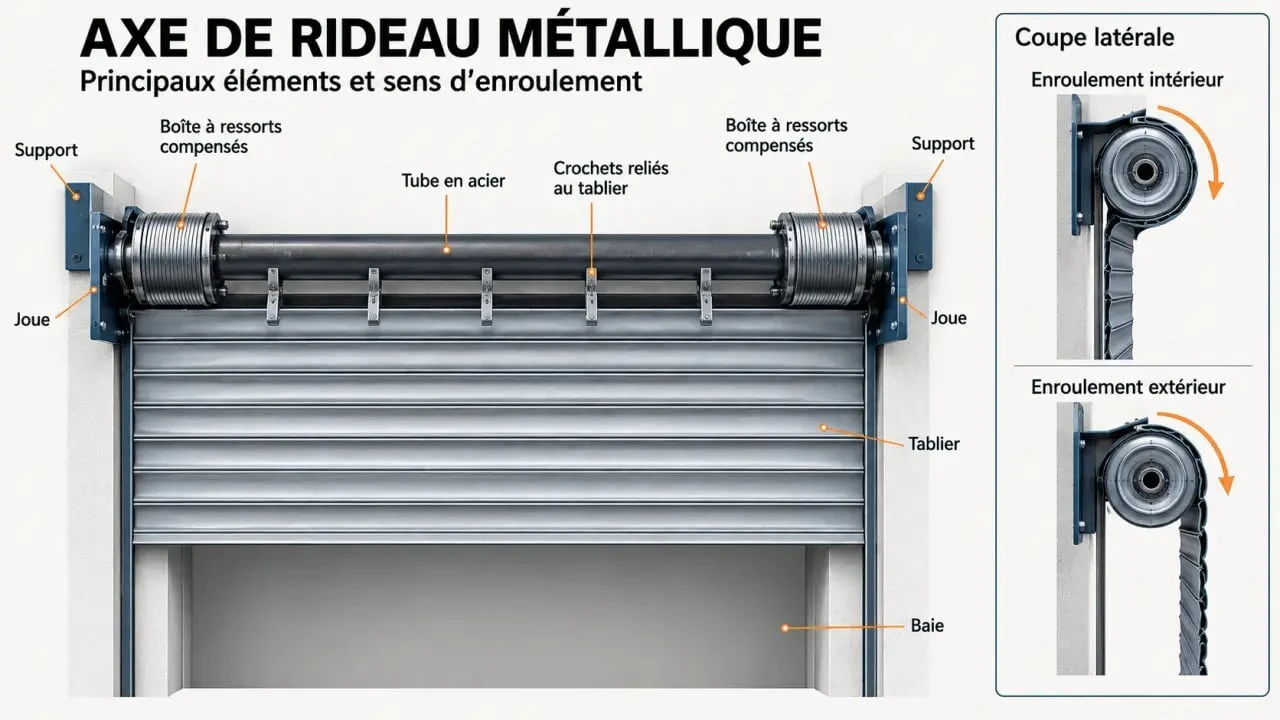 Schéma simplifié d’un axe de rideau métallique avec ressorts compensés et sens d’enroulement