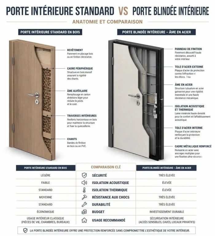 Comparaison visuelle entre une porte intérieure standard et une porte blindée intérieure
