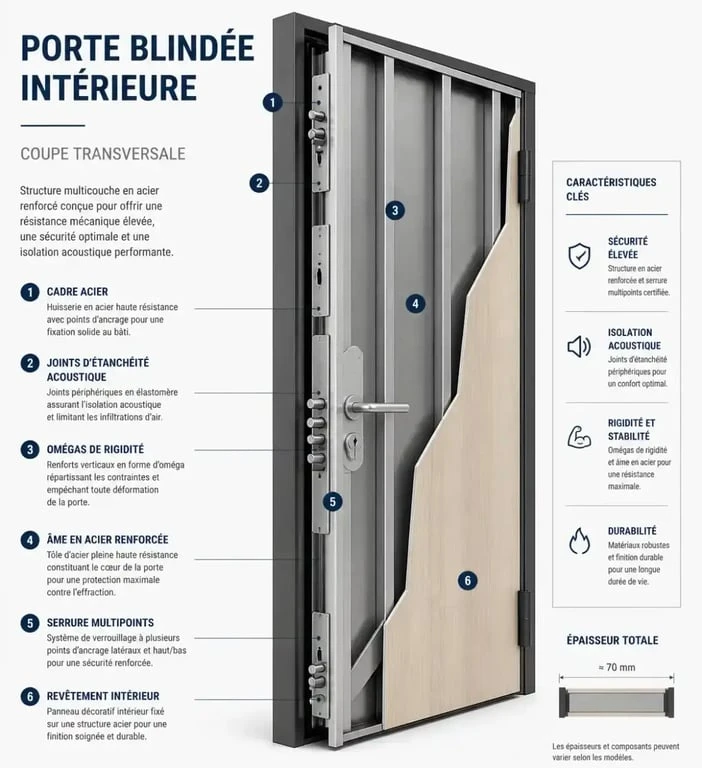 Schéma technique d'une porte blindée intérieure avec renforts en acier et serrure multipoints