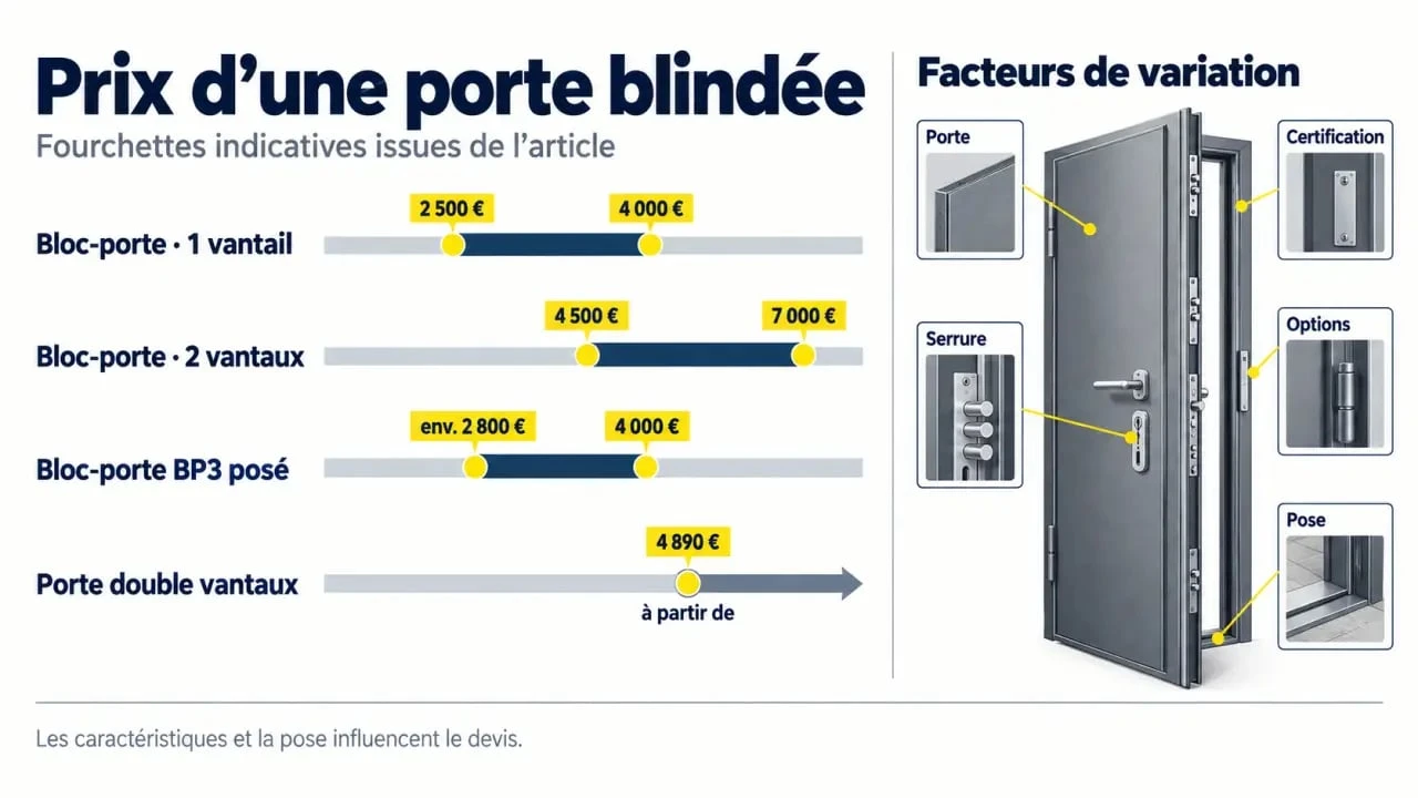Infographie du prix d’une porte blindée Tordjman Metal selon la configuration, la certification et la pose