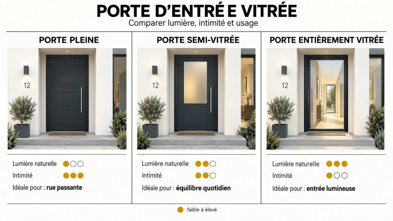 Infographie comparative des options de porte d'entrée vitrée pleine, semi-vitrée et entièrement vitrée