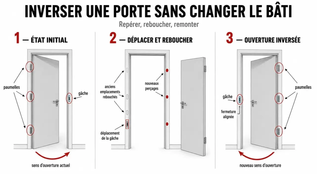 Changer sens ouverture porte sans changer le bâti : schéma éditorial des étapes de réversibilité d’une porte