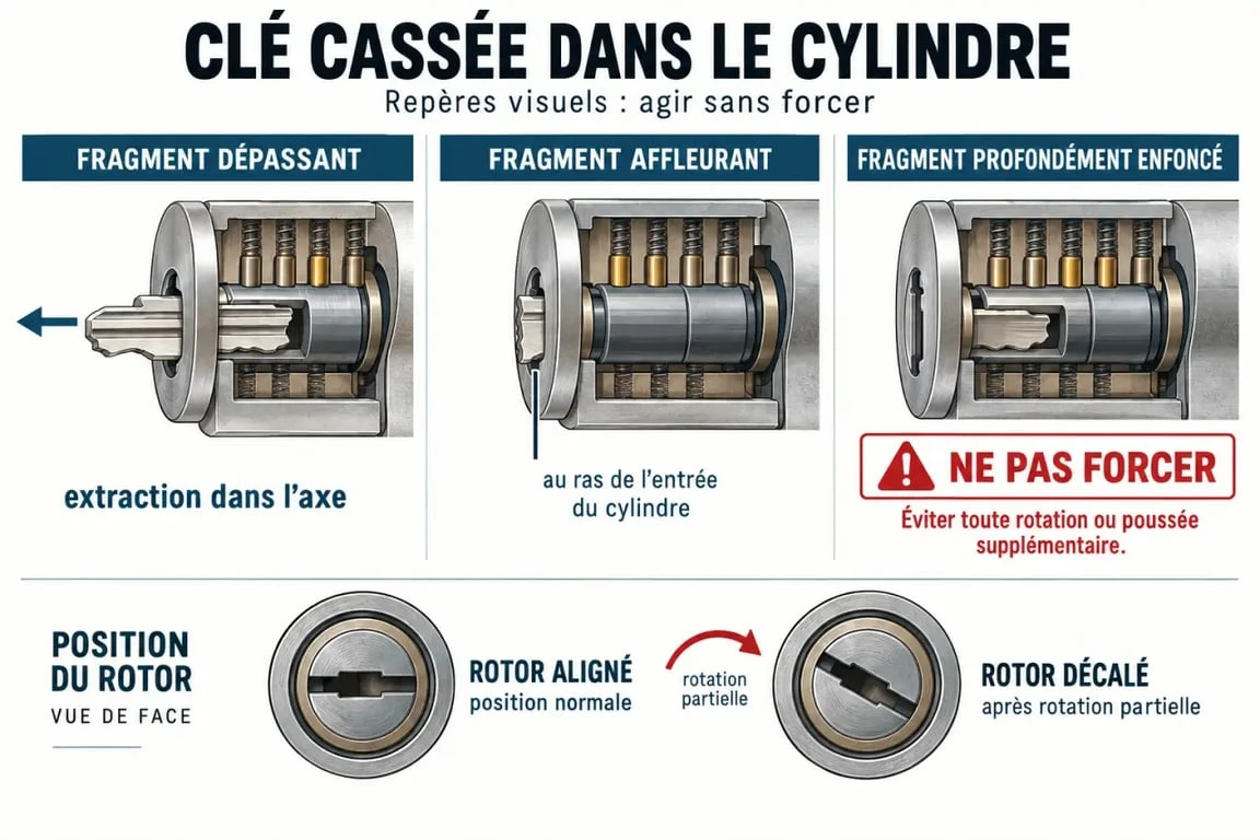 Schéma d'extraction d'une clé cassée dans la serrure selon la profondeur du fragment et la position du rotor