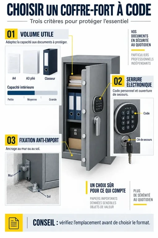 Infographie pour choisir un coffre-fort à code selon le volume, la serrure et la fixation