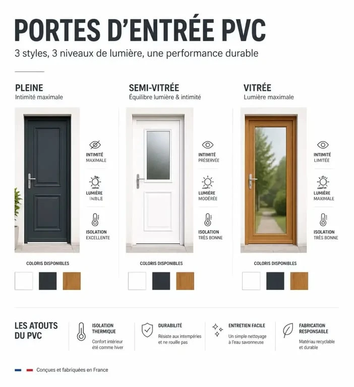 Porte d'entrée PVC : comparatif visuel des modèles pleine, semi-vitrée et vitrée