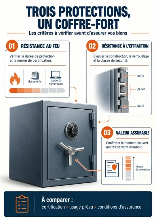 Infographie sur les protections d'un coffre fort Phoenix : feu, effraction et valeur assurable