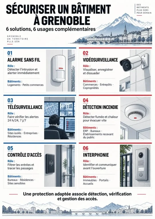 Infographie des solutions d’alarme à Grenoble : vidéosurveillance, télésurveillance et contrôle d’accès