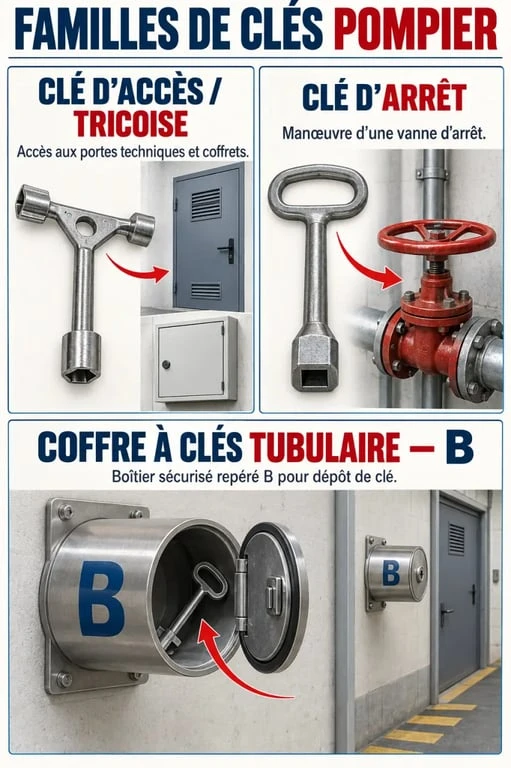 Clé pompier, clé tricoise, clé d’arrêt et coffre à clés B avec leurs usages