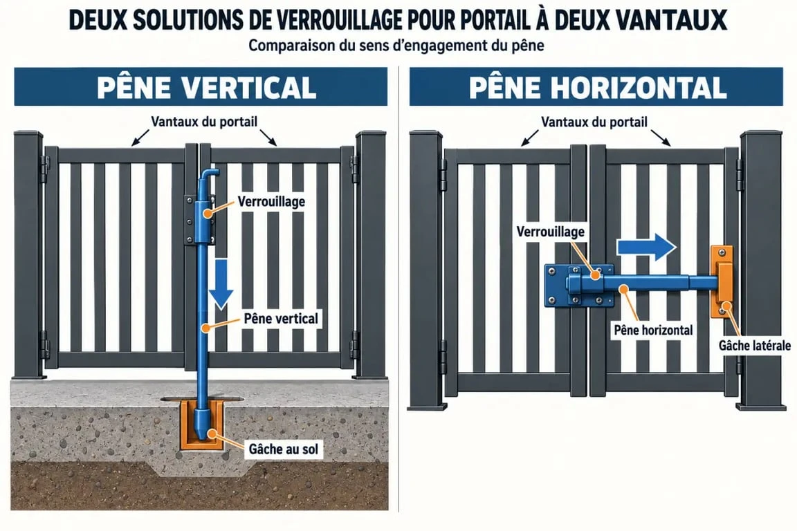 Schéma du fonctionnement d’un verrou de portail vertical et horizontal avec pêne et gâche