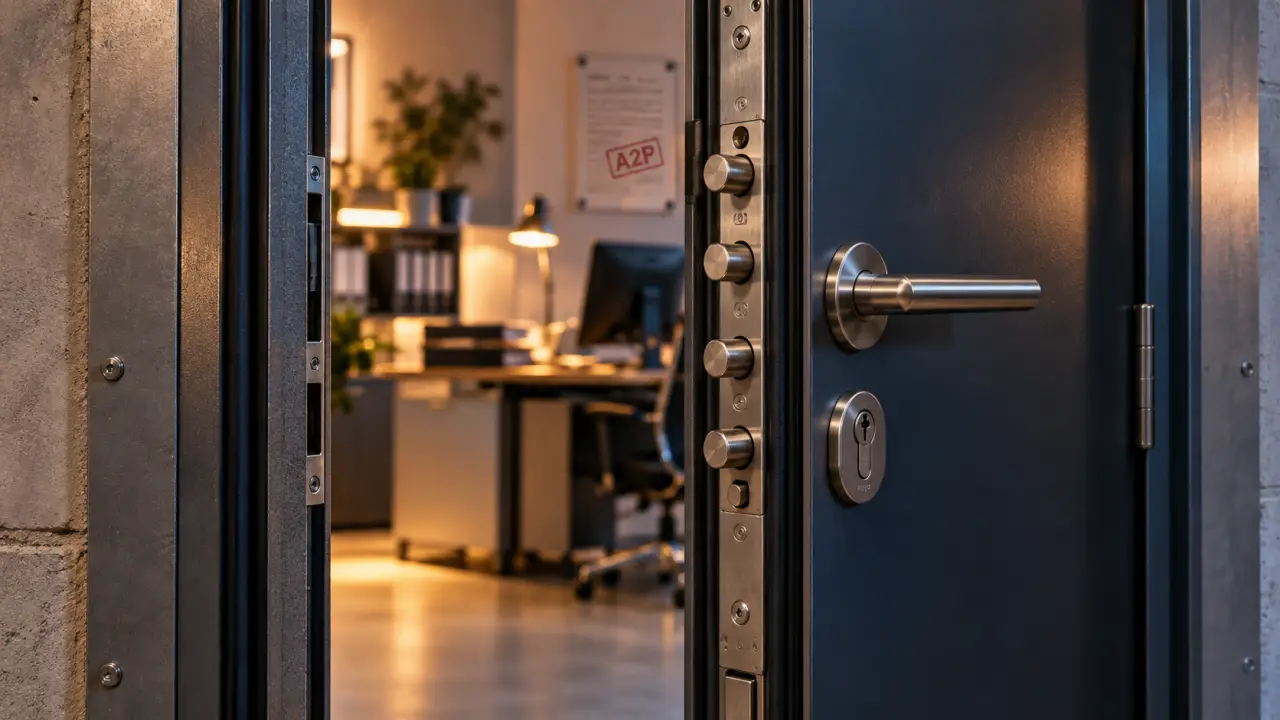 Porte blindée intérieure ouverte, serrure multipoints et cadre acier dans un bureau moderne
