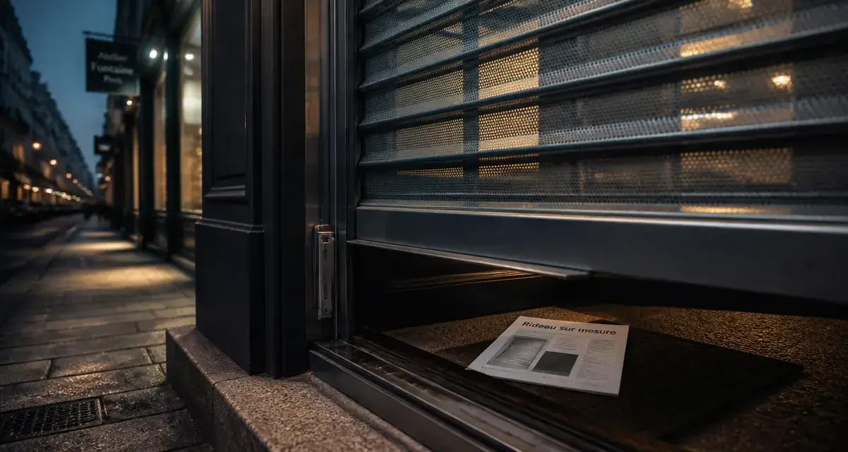 Rideau métallique porte d'entrée baissé, lames acier micro-perforées visibles